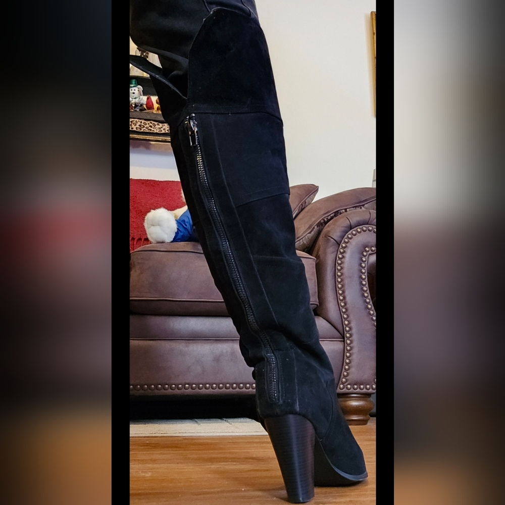 Elegant Black Faux Suede Over The Knees Boots, Women's Size 10.5